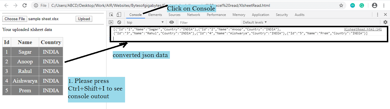 javascript convert excel to json
